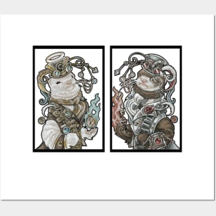 Steampunk Devil and Angel Ferrets - 'A little bit good, A little bit bad' - White Outline Posters and Art